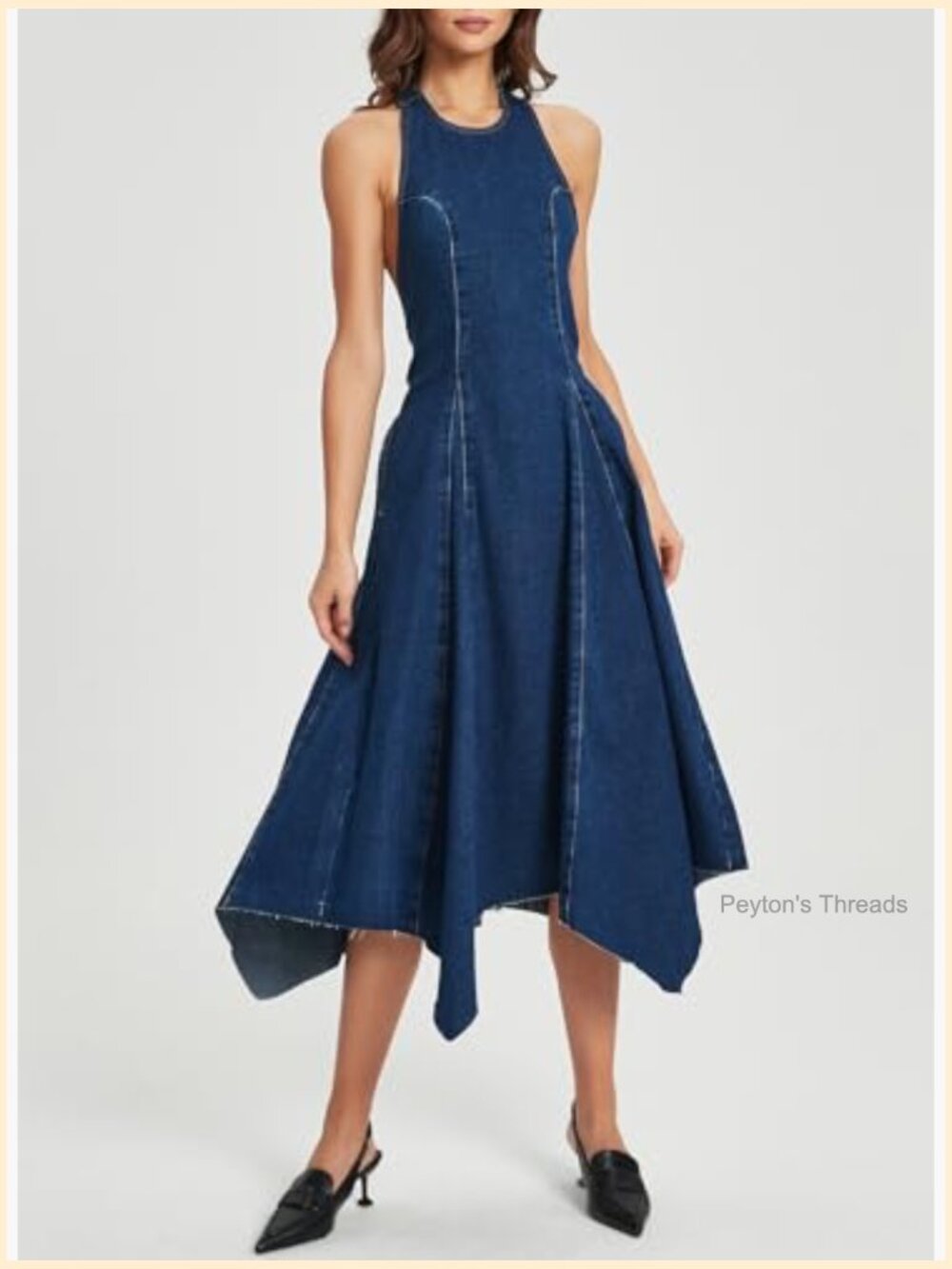 Halter Neck Backless Denim Midi Dress A-Line Flowy Zipper Closure - Picture 5 of 6